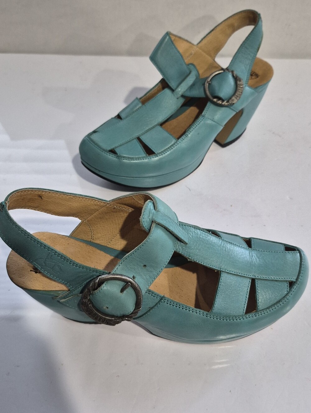 John Fluevog Turquoise Leather Platform Slingback Sandals Size 11